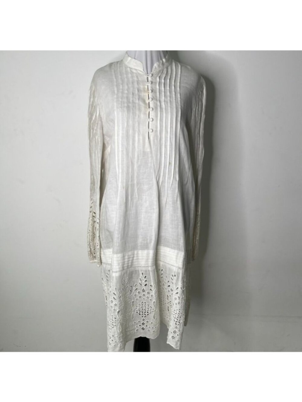 120% Lino White Linen Pintuck Tunic Dress Eyelet Lace IT 42 US 6 Small